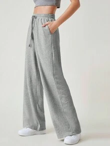 SHEIN BASICS 100% Cotton Wide Leg Drawstring Waist Trousers - Light Grey - View 5