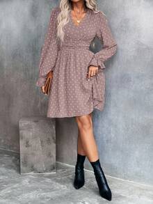 EMERY ROSE Women's Jacquard V-Neck Ruffle Sleeve Waist Pleated Fashion Dress - Pink - View 5