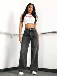 EURMUSE Women's Loose Fit Casual Denim Jeans With Side Pockets And Wide-Leg Design - Dark Grey - View 3