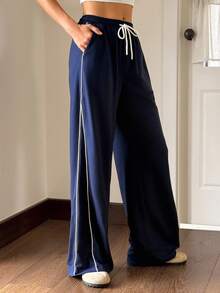 Jouncy 女式休闲抽绳腰阔腿裤 - 藍色 - 查看 6