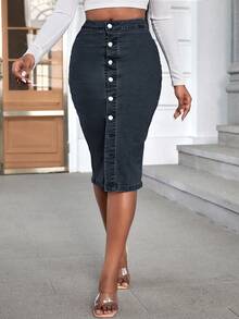 EURMUSE Women's Single-Breasted Elegant Commuter Pencil Denim Midi Skirt - Black - View 3