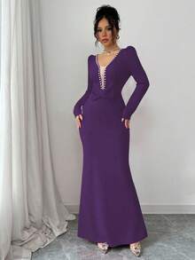 Elenzga 优雅浪漫V领串珠蝴蝶结腰部A字型女士派对礼服 - 紫色 - 查看 6