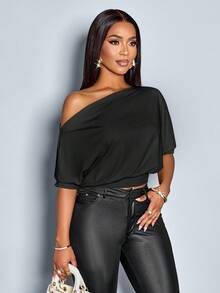 SOLERSUN Women's Solid Asymmetrical Neck Ruched Shoulder Tee - Black - View 4