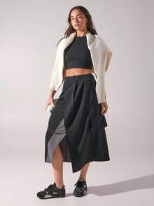 Menodora SHEIN Sport Asymmetric Patchwork Multi-Pocket Slit Drawstring Design Skirt - Black - View 3