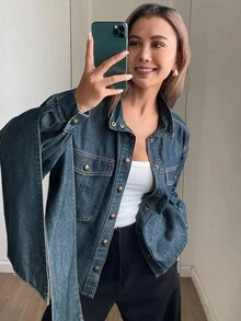 DAZY Chaqueta vaquera casual de manga larga, cuello alto, corte holgado y efecto desgastado para mujer, otoño - Azul - Ver 1