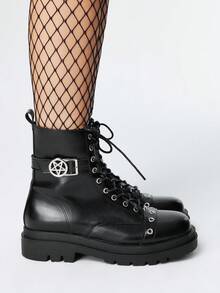 Grunge Punk 女式哥特式圆头粗跟靴，金属孔眼扣设计，PU 皮革，黑色，适合派对、日常穿着、休闲时尚、万圣节 - 黑色 - 查看 4
