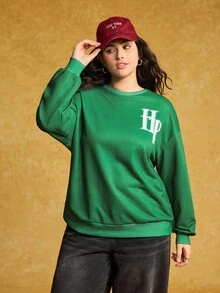 HARRY POTTER X SHEIN Áo nỉ chui đầu cổ tròn tay dài họa tiết cú cỡ lớn màu xanh lá cây - màu xanh lá - Xem 4