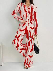 EMERY ROSE Bộ đồ 2 món tay dài họa tiết hoa hình học đen trắng thanh lịch, thoải mái khi đi làm trở lại trường dành cho nữ - Đỏ - Xem 5