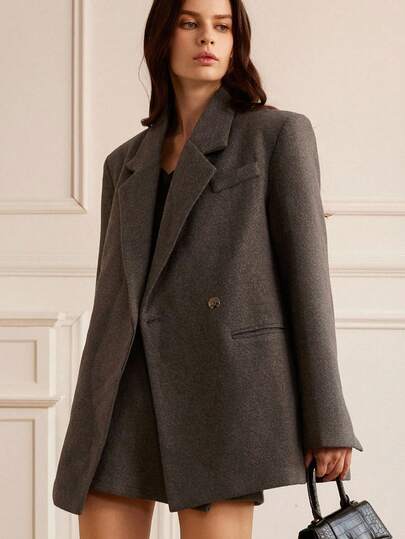 Aveloria Rosie Women's Chic Paper Doll Herringbone Wide Shoulder Side Slit Blazer & Shorts Suit Set