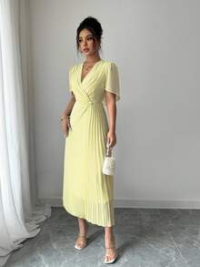 Rafferiza Solid Color Chiffon Fashionable Cinched Waist Elegant Pleated Dress - Yellow - View 6