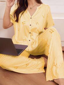 SHEIN Soft & Skin-Friendly Striped Bow Print Pajama Set - Yellow - View 1