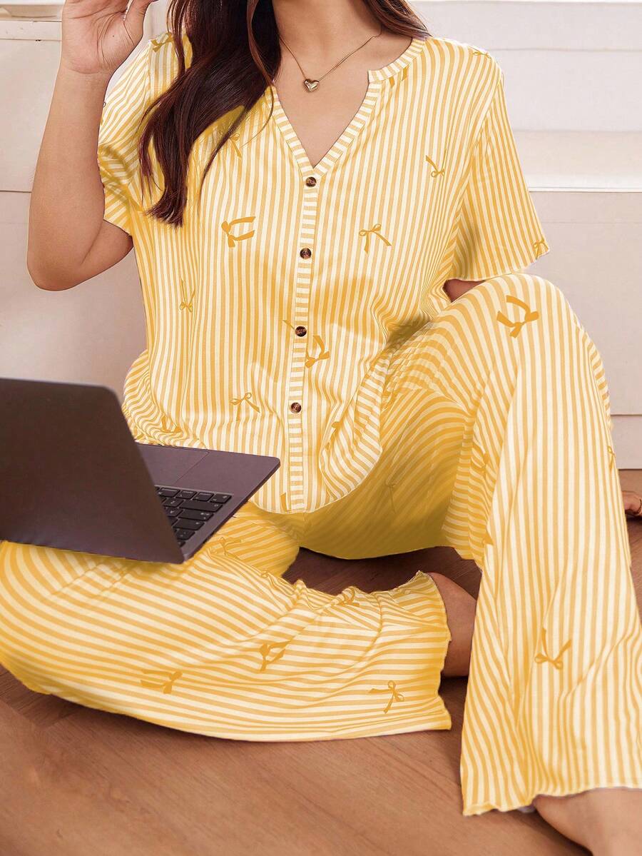 SHEIN Soft & Skin-Friendly Striped Bow Print Pajama Set - Yellow - View 1