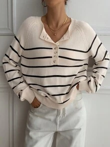 DAZY Casual Striped Sweater For Women, Round Neck, Slimming, Versatile, Autumn/Winter - Beige - View 5