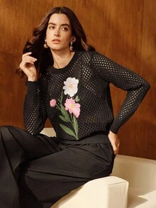Anewsta Elegant French Style Floral Embroidery Hollow Out Crew Neck Sweater, Autumn/Winter