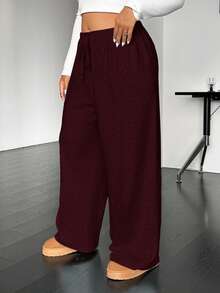 SHEIN EZwear Plus Size Casual Drawstring Waist Loose Straight Leg Pants - Burgundy - View 5