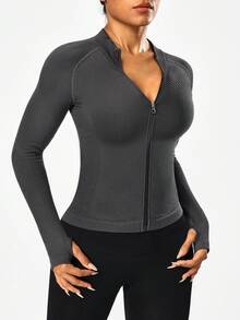 SHEIN Sports Women's Raglan Sleeve Zip Front Deep Grey Seamless Sports Jacket Cropped Workout Jacket