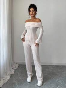 Elenzga Bộ 2 áo len hở vai tay dài và quần ống đứng thường ngày cho nữ, Thu/Đông - Màu be - Xem 3