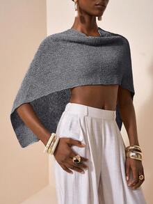 Zivah 性感披肩斗篷百搭针织披肩细肩带 V 领不对称肩部设计上衣，度假风格 - 灰色 - 查看 4