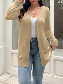 Vionelle 大码休闲纯色开衫，秋季棕褐色开衫女士前开衫女士开衫中性开衫轻便开衫 - 卡其色 - 查看 1