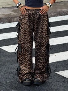 Muchica Pantalón de chándal suelto informal con cordón y lazo en estampado de leopardo para mujer de otoño/invierno - Marrón - Ver 1