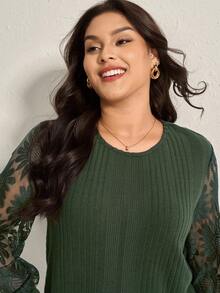 Comfylo 加大码女式柔软纹理罗纹拼布透视刺绣向日葵上衣感恩节女式新年衣服女式狂欢新年除夕 - 墨綠色 - 查看 4