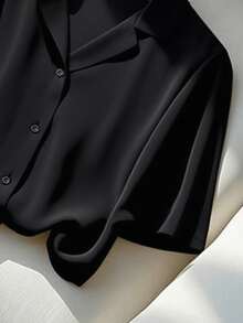 Franclia 女士休闲纯色翻领短袖衬衫，夏季 - 黑色 - 查看 4