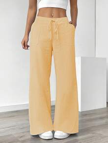 SHEIN PETITE Quần ống rộng sọc xanh thường ngày dành cho nữ, đi nghỉ - Vàng nhạt - Xem 3