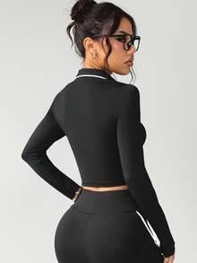 Gameset SHEIN Sport Women's Basic Polo Collar Contrast Color Long Sleeve Yoga Top - Black - View 3