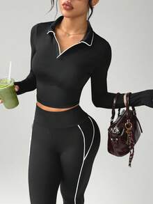 Gameset SHEIN Sport Women's Basic Polo Collar Contrast Color Long Sleeve Yoga Top - Black - View 4