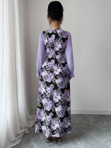 Modelyn 女式方领泡泡袖收腰飘逸连衣裙，花卉印花，优雅度假装 - 彩色 - 查看 2
