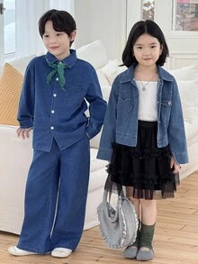 Genkimix Kids Bộ 3 món thời trang dành cho bé gái, gồm áo khoác denim dài tay, áo hai dây dệt kim và chân váy voan, thích hợp cho mùa thu đông. - Rửa trung bình - Xem 3