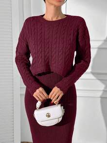 EURMUSE 女士优雅针织毛衣，带绞花图案和无袖合身针织连衣裙套装，秋季 - 酒紅色 - 查看 3