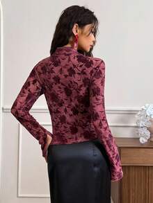 EastFlair Áo kiểu tay dài họa tiết hoa thiết kế nút cho nữ, phong cách Trung Hoa - Đỏ - Xem 6
