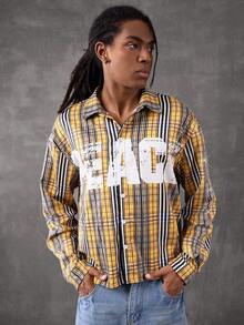 PAVTROS Manfinity Streetrush Men's Yellow Plaid Creative Letter Pattern Rhinestone Embellished Long Sleeve Shirt,Rhinestone,Halloween,Halloween Party,Streetwear Peace Shirt Graphic Shirt Men Vintage Shirt Yellow Plaid Shirt Men Streetwear Shirt, Fall