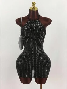 Amplova Vestido mini ajustado de mujer con cuello halter y lentejuelas - Multicolor - Ver 9