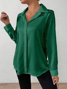 SHEIN PETITE Women's Solid Color Satin Simple Shirt With Asymmetric Hem