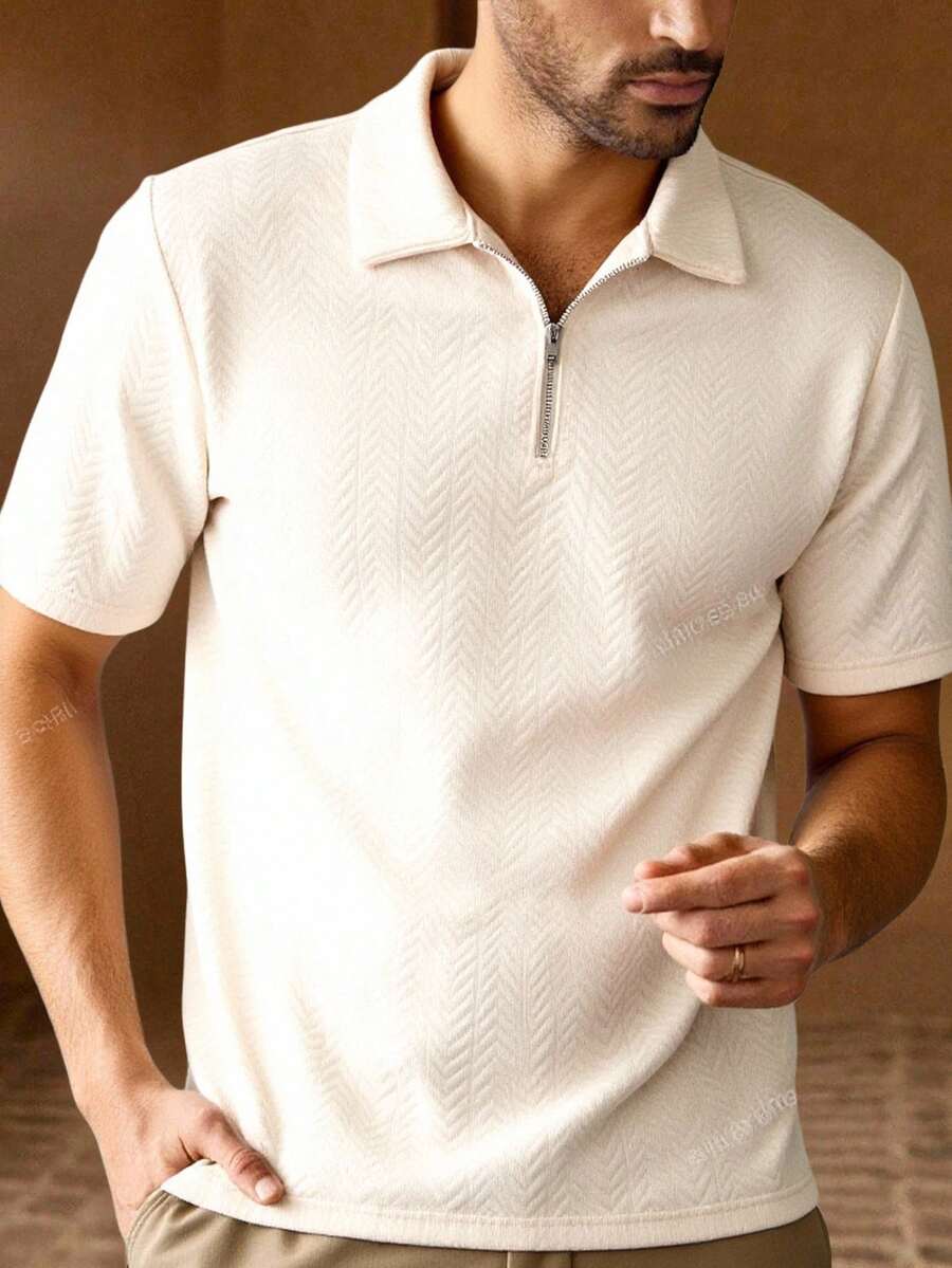 Manfinity VCAY 男士休闲针织宽松半襟弹力短袖 Polo 衫 - 杏色 - 查看 1