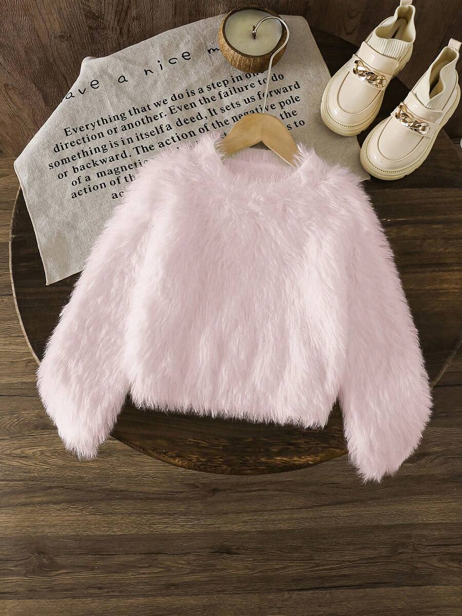 LMoss Kids LMoss 年轻女孩白色优雅蓬松领毛衣，适合休闲穿着、家居和户外 - 粉色 - 查看 1