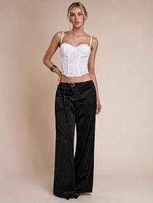 SHEIN BAE Quần ống rộng nhung rộng rãi - màu đen - Xem 5