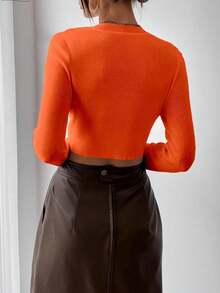 RosyDaze Women's Solid Color Round Neck Long Sleeve Cropped Fitted Pullover Sweater, Autumn - Orange - View 2