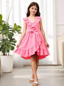 Tween Girl  Solid Color Ruffle Trim Wrap Dress, Vacation Casual - Pink - View 3