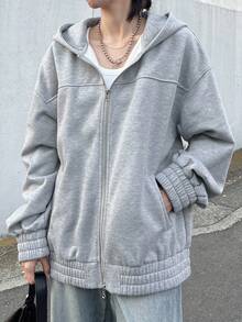 FRIFUL Women's Floral Gray Hooded Drop Shoulder Long Sleeve Drawstring Hem Zipper Closure Loose Casual Versatile Fleece Sweatshirt, Autumn Jacket,Winter Hoodies - Grey - View 5