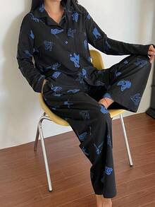 DAZY Women Butterfly Print Pajama Set, Fall Clothes - Black - View 4
