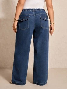 Elaquor 大码女式无弹力休闲修身水洗直筒牛仔裤 - 深色水洗藍 - 查看 2