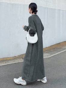 FRIFUL 女式纯色深灰色圆领落肩长袖直筒超长毛衣裙，秋季休闲外套连衣裙