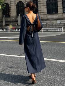 DAZY New Autumn/Winter Waist Cinching Backless Bowknot Strap Women Denim Dress - Blue - View 5