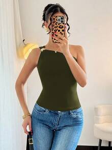 Rafferiza Women's Black Sexy Metallic Pleated Sleeveless Bodysuit - Army Green - View 3