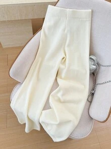 Elamini Women's Casual Versatile Outdoor White Embroidered Long Tie-Up Knit Sweater Pants - Beige - View 2