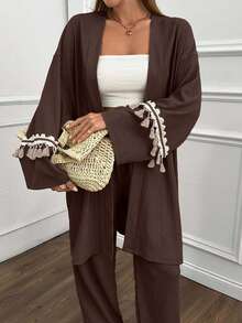 EURMUSE Women, Spring, Summer, Two Set, Kimono, Pant, Trims, Tassel, Elastic Bant, Comfortable, Crinkle Fabric - Brown - View 6
