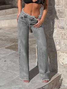 EURMUSE 100%Cotton Rigid, Belt Detailed Wideleg Fit - Grey - View 3